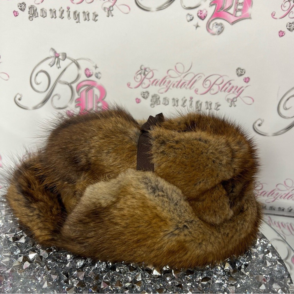 Beaver Fur Hat Toque Winter Handmade Ribbon Tie Up Top Military Style Warm Furry